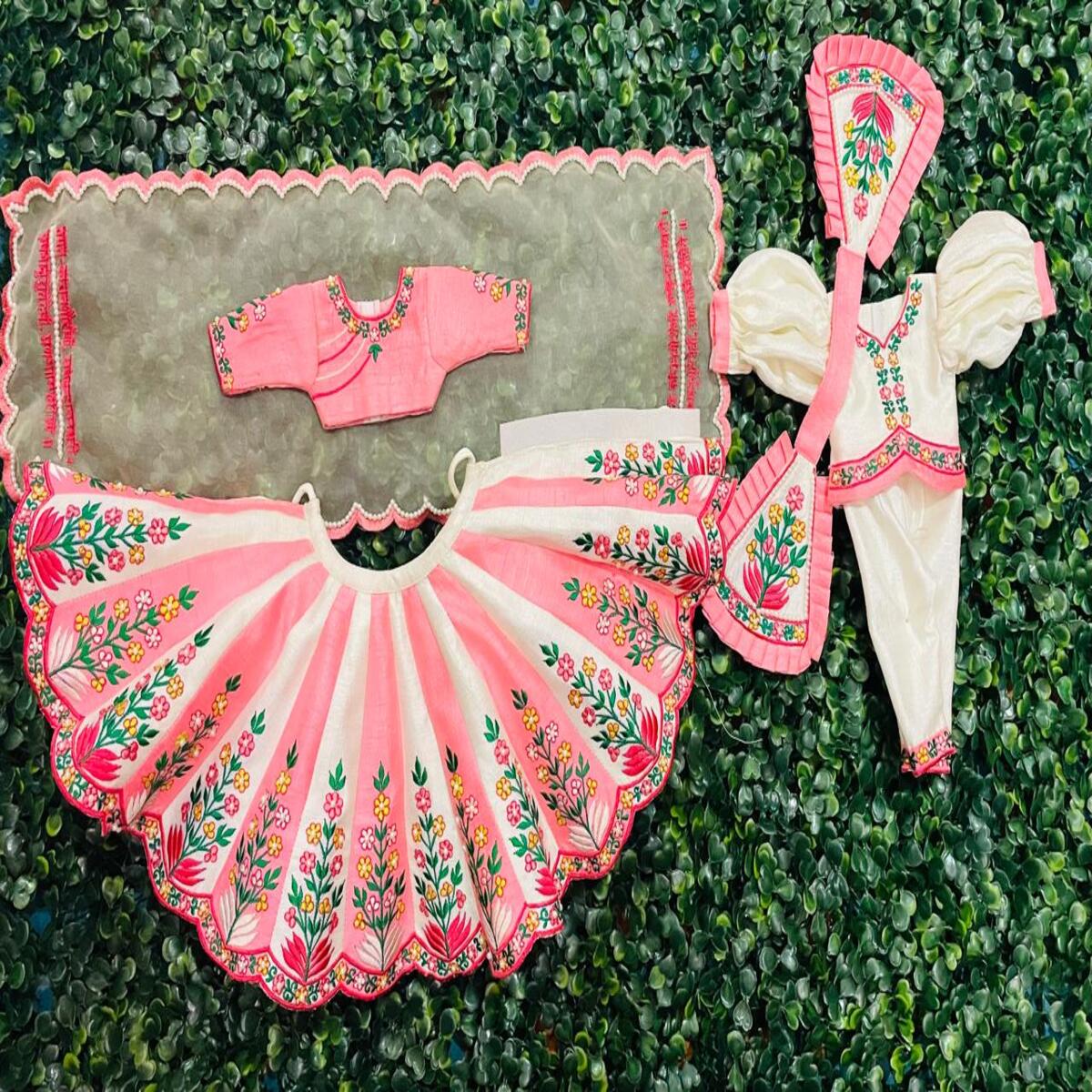 Peach and Off White Design Dress For Radha Krishna Ji